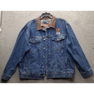 VTG 90s Upstream Jean Jacket Men XL Blue Kelloggs Corn Flakes Leather Collar EUC